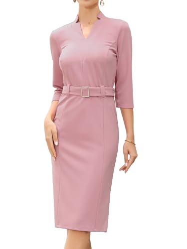 Robe femme de travail mi-longue élégante col en v à manches 3/4