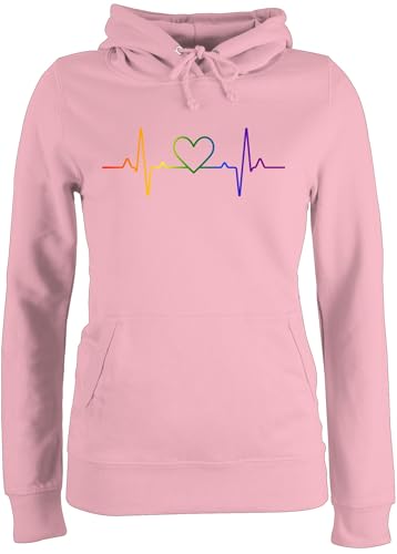 Pullover Damen Hoodie Frauen - LGBTQ Kleidung Flag - Herzschlag Regenbogen Pride - S - Hellrosa - lgbt herz pulli csd lgbtq+regenbogen kapuzenpullover lesbian hoody lqbtq hoodies gay lgbtqia queer