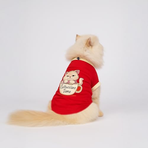 Image of Thunder Tails Printed Cat T-Shirt for Small to Large Cats & Kittens | Lightweight Breathable Cotton Pet Apparel | Cute & Stylish, Comfortable Round Neck Cat Clothes (M, Red)