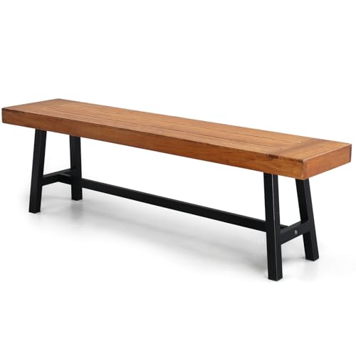 Image of VINGLI Outdoor Bench with Metal Legs Rustic, Wood Dining Bench Indoor Outdoor Porch Benches for Yard Garden Dining (63in)