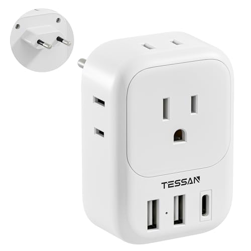 European Travel Plug Adapter, TESSAN US to Europe Plug with 4 Outlets and 3 USB Ports(1 USB C), Type C Power Adaptor for USA to EU Italy France Spain Iceland Germany Israel Greece Portugal
