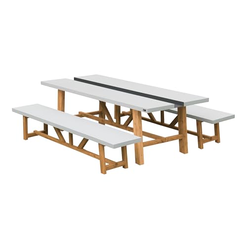 AXI Aaron Salon de Jardin, Table et 2 bancs, Blanc/Marron - 6/8 Personnes | Ensemble extérieur/Salon en Bois Aspect Pierre calcaire et Bois d'acacia