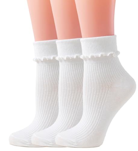 Image of Womens Ruffle Socks Fashion Breathable Solid Color Turn-Cuff Cute Girls Ankle Socks 3 Pairs