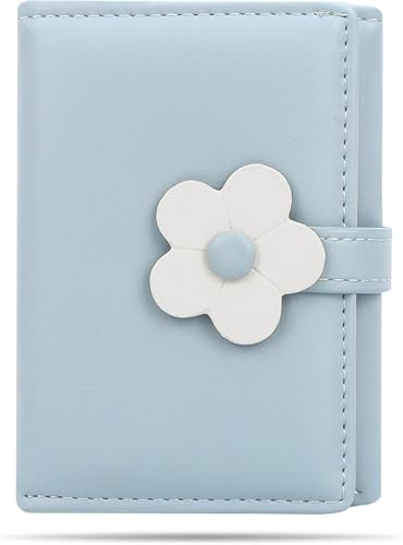 Cute 3D Flower Genuine Leather Wallet for Women Tri-fold Compact Design with ID Window Green (Blue)