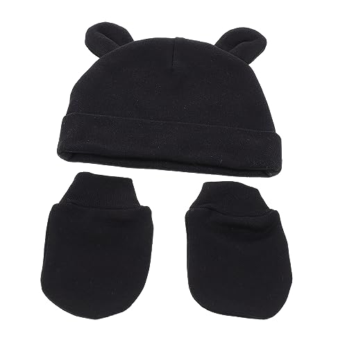 Newborn Cotton Hat and Anti-Scratch Gloves Set 3pcs Baby Hand Covers for Boys and Girls Soft Breathable Cotton Mittens for Newborns for Infant Sleep and Protection Black