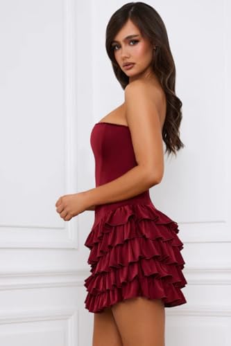Women's Off Shoulder Cocktail Party Dresses Short Tiered Homecoming Dress Satin Bodycon Birthday Mini Prom Dress4