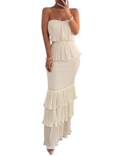 Sexyshine Women's Tube Top Ruffled Tiered Maxi Dress Sleeveless Backless Bodycon Smocked Shirred Party Holiday Long Dress