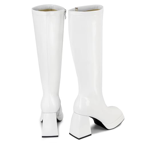 Image of SOVANYOU Black Leather Boots Platform Boots for Women Fashion Square Toe Chunky Block Heeled Boots Side Zip