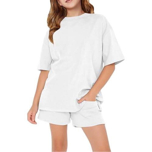 Girls Athletic 2 Piece Outfit Short Sleeve Solid Pullover Tops Shorts Kids Running Loose Lightweight