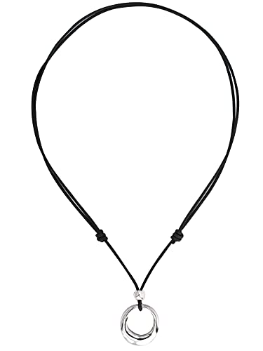 Beau Soleil Jewelry Schmuck Halskette Lederkette längenverstellbar für Damen mit massivem Ring Anhänger | (Silber) Cover