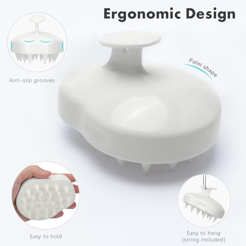 FREATECH Massager Shampoo Brush with Soft Silicone Bristles for Scalp Care, Shower Hair Scalp Scrubber Exfoliator for Dandruff Removal and Hair Growth, Wet & Dry for Men, Women and Kids, White