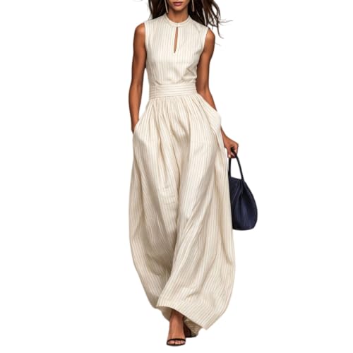 Combinaison-pantalon sans manches femme coupe palazzo rayée à col montant et poches