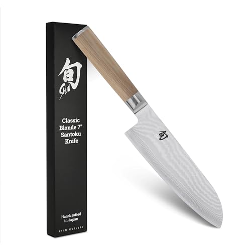 Shun Classic Blonde 7' Santoku Knife, Handcrafted Japanese All Purpose Knife, VG-MAX Core with Damascus Stainless Steel Cladding, Pakkawood Handle, Versatile Japanese Cutting Tool