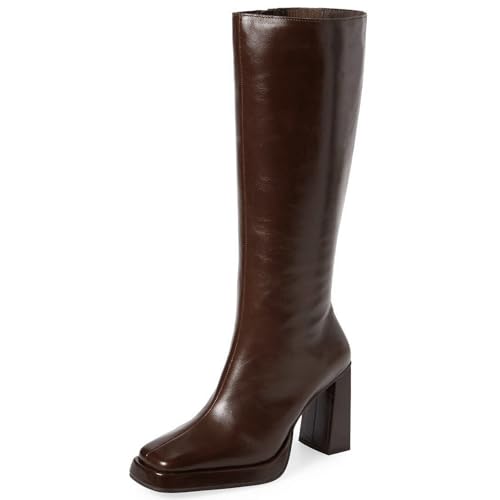 Dsevht Brown Leather Knee High Boots for Women Platform Chunky Block Heeled Tall Long Boots Square Toe and Side Zipper Design Fashion Dress 70s Gogo Boot