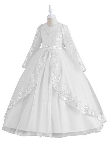 Flower Girl Dress Lace Long Sleeve Princess Tulle Party Dress Pageant Evening Formal Ball Gown2