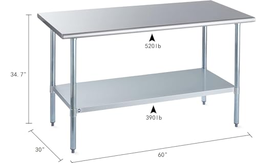 Image of ROCKPOINT Stainless Steel Table for Prep & Work 30x60 Inches, NSF Metal Commercial Kitchen Heavy Duty Table with Adjustable Under Shelf and Table Foot for Restaurant, Home and Hotel