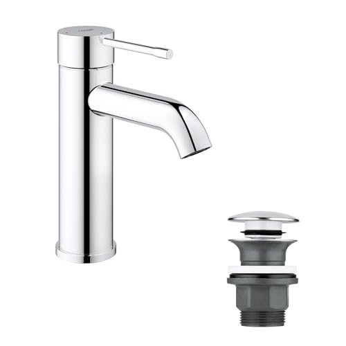 GROHE Essence Single-Lever Basin Mixer Tap with Push-Open Pop-Up Waste Set (S-Size 208mm, Metal Lever, 28 mm Ceramic Cartridge, Water- and Energy-Saving, 3/8 Inch Tails), Chrome, 23797001