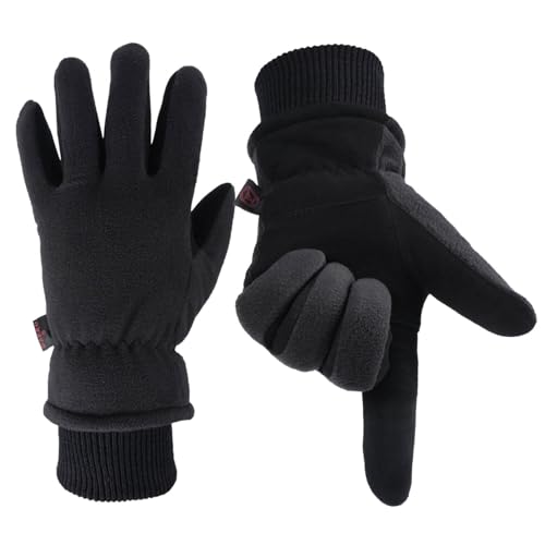 OZERO Winter Gloves for Men Women, Cold Proof Deerskin Suede Leather Warm Thermal Gloves for Driving, Working, Hiking, Skiing - Water Resistant Windproof, Denim-Black Large by OZERO - Used condition - US$11.93