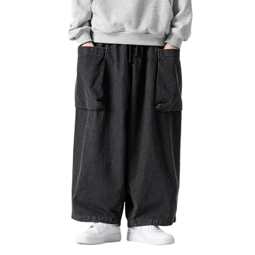 Japanese Men Loose Wide Leg Pants Men Vintage Elastic Waist Cargo Jeans Male Hip Hop Big Pocket Trousers