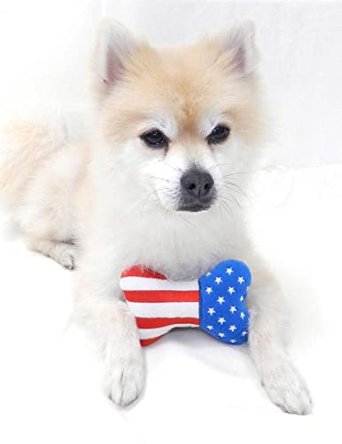 Ruff Ruff Couture Plush Bone Shaped Squeaky Toys for Dogs Toys for Small Dogs with Embroidery American Flag Puppy Chew Sound Novelty Plush Small Dog Toys (American)