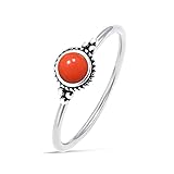 HQFJW 6mm Mini Round Stone Thin Ring,Cute Dainty Tiny Retro S925 Sterling Silver Natural Quartz Crystal Gemstone Ring for Women (A04_Red Coral, 10)