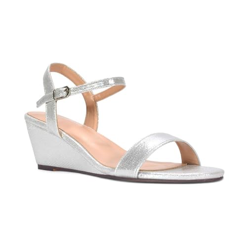 Image of ESSEX GLAM Women's Low Heel Wedge Sandals Ladies Ankle Strap Silver Open Toe Shoes Size 3