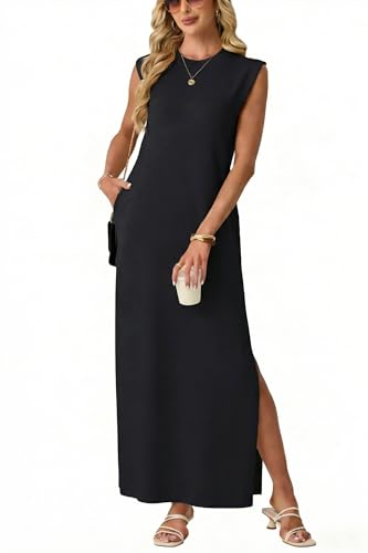 GRECERELLE Womens Spring Summer Casual Round Neck Cap Sleeve Travel Essential Maxi Dress with Pockets (Black Small)