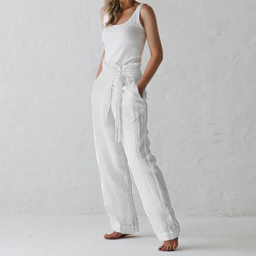 Cotton Linen Pants for Women Summer 2024 Casual Wide Leg Tie Knot Beach Pants with Pocket Palazzo Lounge Trousers3