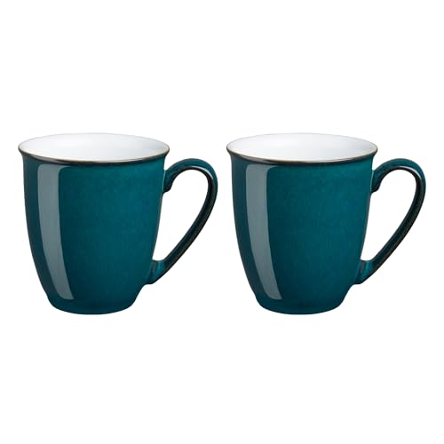 Denby - Greenwich Coffee Breakers Set of 2 - Dishwasher, Oven, Microwave, and Freezer Safe, 330ml (12cm x 10cm x 10cm) Green, White Ceramic Stoneware Tableware - Chip & Crack Resistant