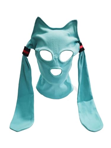CsunYuk Unisex 3-Hole Full Face Mens Costume Masks Balaclava Cap Anime Bandit Cosplay Mask for Women with Twintails and Ears (Light Blue)