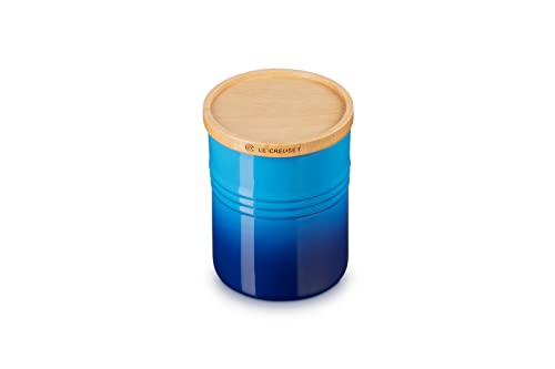 LE CREUSET Bote de almacenaje mediano de cerámica de gres con tapa de madera, Cerámica de gres, 540 ml, 10 cm, Azure, 60825542200099