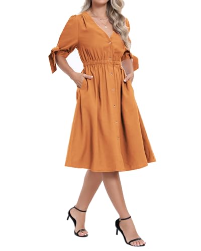Image of Women Linen Rayon Blend Midi V Neck Button Front Elastic Waist Puff Sleeve Tie Casual Summer Dress
