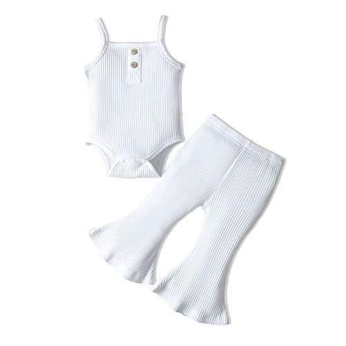 Infant Baby Girl Clothes Sleeveless Romper Bodysuit Tops & Flared Bell Bottom Pants Solid Color Newborn Summer Outfits Sets 6-9M #TOP24