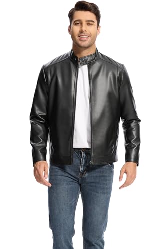 Fahsyee Leather Jacket Men Lightweight Motorcycle Jackets Men's Stand Collar Bomber Coat with Pockets and Zip2