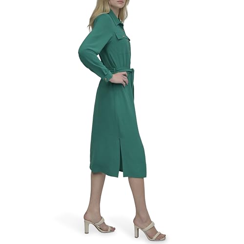 Image of DKNY Women's Long Sleeve Collared Tie Waist Midi Shirtdress