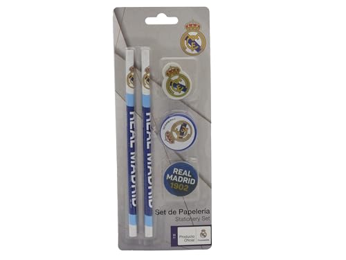 CYPBRANDS Real Madrid, Set de Papeleria, Escritura, Sacapunta, Goma de Borrar, Lapiceros, Color Blanco, Producto Oficial