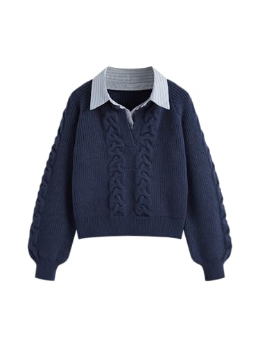 CIDER Cable Knit Sweater Women Crew Neck Two Tone Long Sleeve Knit Pullover Top Fashion Winter Sweaters