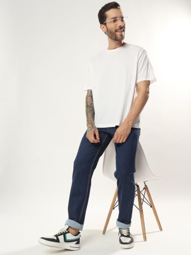 Image of Cotton Comfort Fit Jeans for Men | Full-Length Solid Denim Pants with Button Closure, Embroidered Design, Mid-Rise Casual Trousers for Daily | Classic Jeans for Office Bottoms (DI-249)
