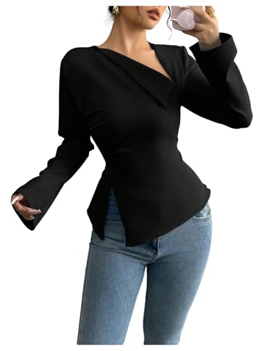 GORGLITTER Women's Dressy Asymmetrical Blouse Shirt Lace Up Back Bell Long Sleeve Business Work Tops