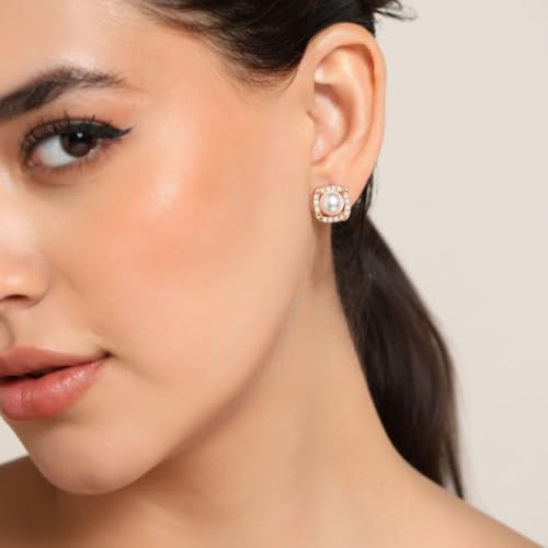 Image of Nilu's Collection Rose Gold Plated Triangular Design Pearl Stud Earrings With American Diamond for Women And Girls | Gift For Her | Anti- Allergy |Anti-Tarnish | Office Wear
