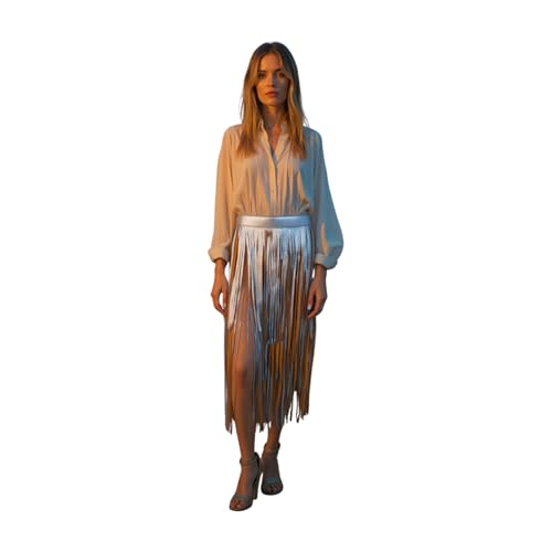 Women Skirt Fashion Belt - Wrap Around Long Faux Leather Waistband Fringes Tassel XS S Beige Silver3