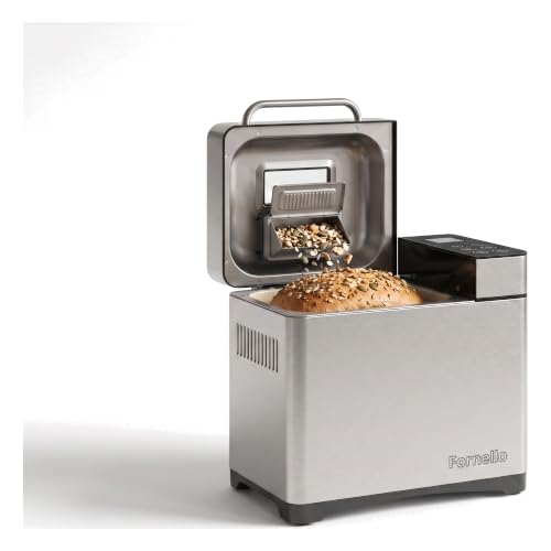 Fornello Supremo Machine à Pain - 19 Programmes, Moule à Pâtisserie Céramique, Levain & Sans Gluten, Corps en Acier Inoxydable, Distributeur de Noix, Minuterie 15h, Livre de Recettes, Jusqu'à 1000g