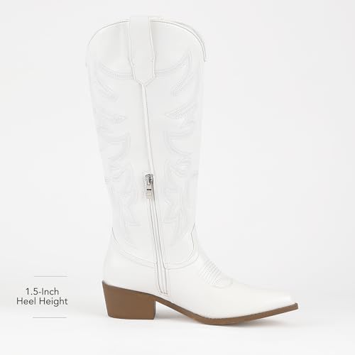 IDIFU IN2 Cowboy Boots for Women Knee High Cowgirl Western Boot Wide Calf Pointed Toe Embroidered Chunky Low Heel Country Boot with Side Zipper Comfortable Classic Retro Dress Boots4