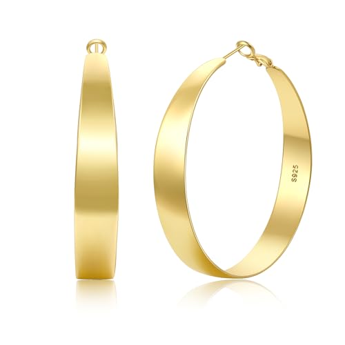 VEEDOFA Brincos de argola de ouro / prata cónicos de 10 mm de largura para mulheres com poste hipoalergénico de prata esterlina 925, brincos de prata esterlina 925 com banho de ouro de 14 K 30/40/50