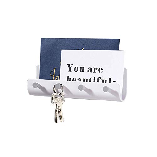 Porte-courrier et porte-clés mural, classeur pour lettres, porte-clés avec 4 crochets et 2 bandes adhésives auto-adhésives de 3M à suspendre dans une entrée, cuisine, foyer, couloir (blanc) (Blanc) Cover
