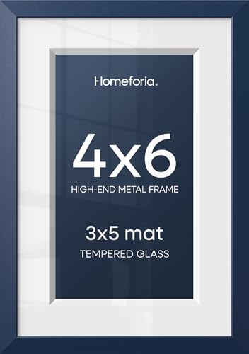 Image of Homeforia 4x6 Blue Picture Frame, High-End Metal, 3x5 Mat, Glass | High End Aluminum, Tempered Glass, Acid-Free 3x5 Removable Mat, 4x6 in Edge-to-Edge Display 6x4, Wall Kit, Set Of 1