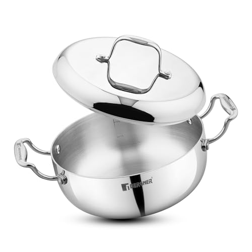 Image of Bergner Argent Saiba Triply Stainless Steel 22 cm (3 Liters) Multi Purpose Casserole /Stainless Steel Casserole with Curved Shape Lid and Welded Cast Handles, Less Oil Cooking - Induction Bottom