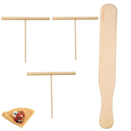 4-Piece Wooden Crepe Spreader Set with Spatula and 3 T-Shaped Spreaders - Natural Wood Kitchen Tools for Home Chefs, Restaurants - Effortless Spreading and Flipping for Good Breakfast Crepes