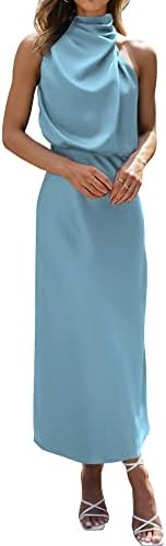 BTFBM Women's Sleeveless Cocktail Dresses Mock Neck Keyhole Elastic High Waist Wedding Guest Evening Party Maxi Dress(Solid Light Blue, Medium)
