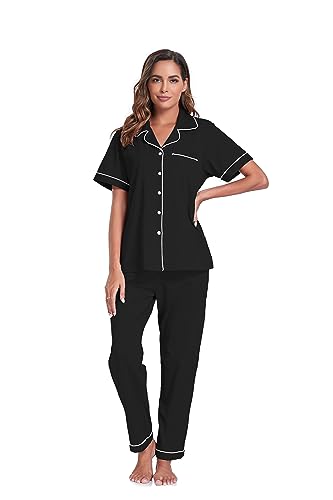 Image of COLORFULLEAF Women's 100% Cotton Pajamas Set Button Down Sleepwear Short Sleeve Shirt and Long Pants Soft Ladies Lounge Sets